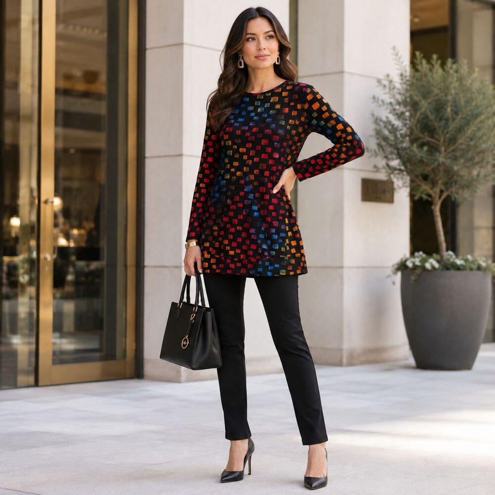 JOSEPH RIBKOFF Women's New 18 Jacquard Square Tunic Top Black Multi Long Sleeve